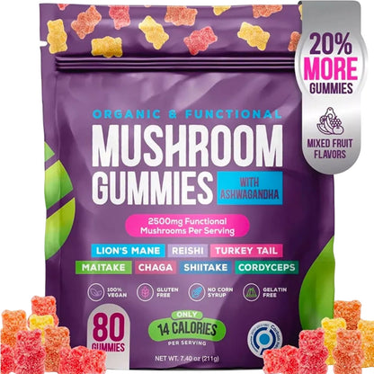 Focus & Calm gummies aux champignons – 2500mg avec Lion’s Mane et ashwagandha (80 pièces) - Gymfit